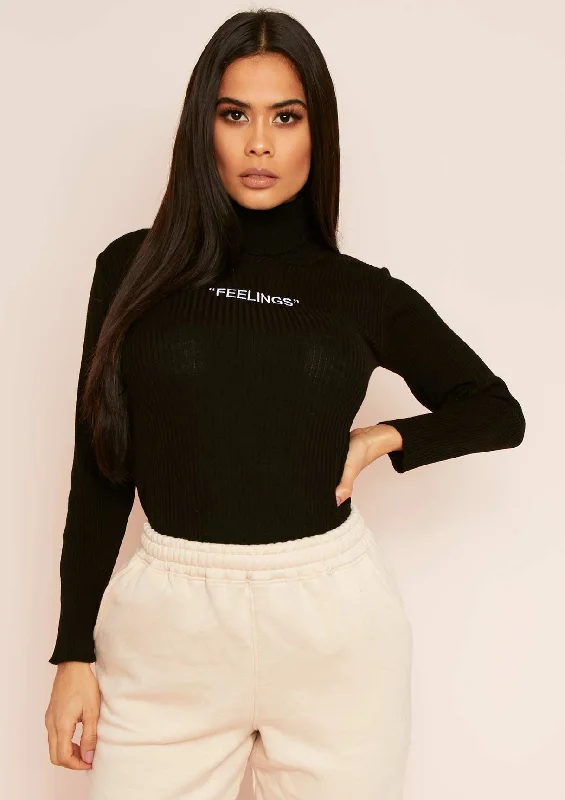 Mya Black Feelings Slogan Roll Neck Top