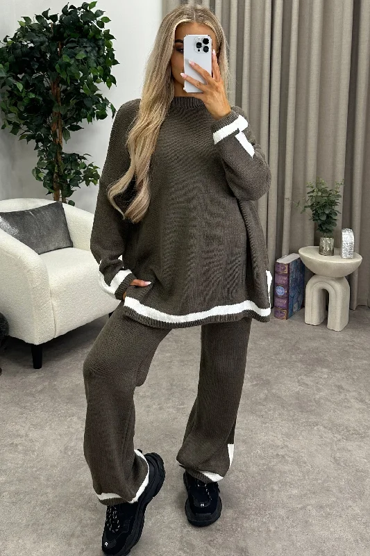 organic cotton women cardigan for an eco - friendly choiceNaila Olive Green Stripe Contrast Trim Knitted Jumper and Wide Leg Trousers Co-Ord Set