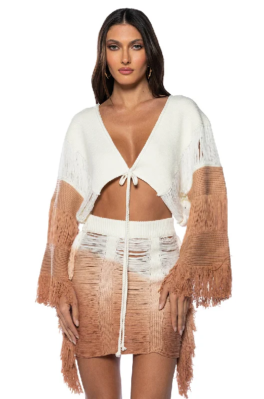 open front women cardigan for easy stylingNEED A FLIGHT FRINGE CROP CARDIGAN