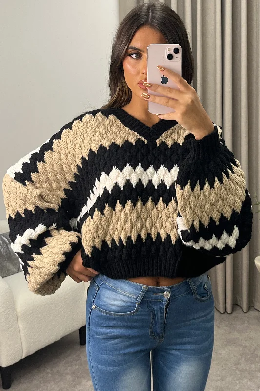 hand knitted women cardigan with artisanal charmNena Beige and Black V Neck Balloon Sleeve Knitted Jumper hand knitted women cardigan with artisanal charmNena Beige and Black V Neck Balloon Sleeve Knitted Jumper