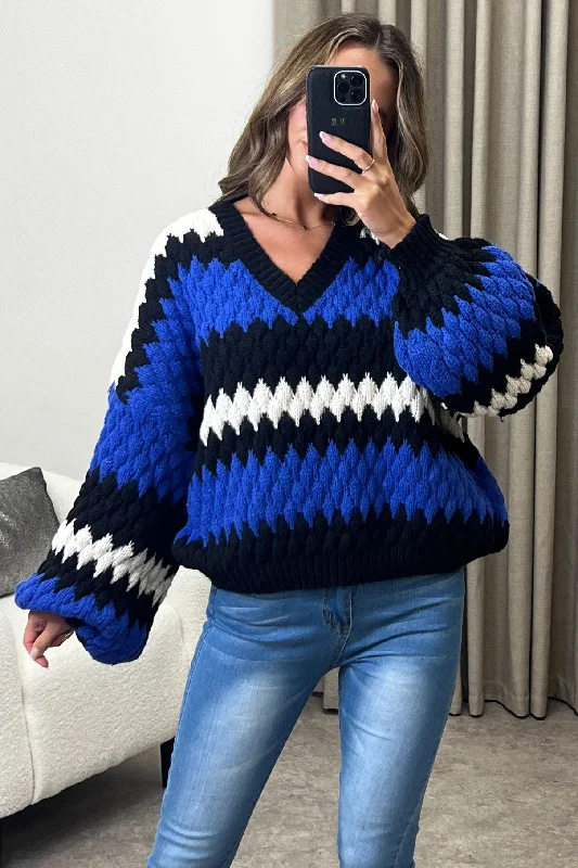 Nena Blue and White V Neck Balloon Sleeve Knitted Jumper