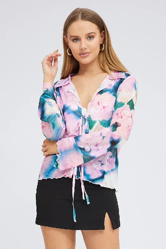 Pink Abstract Mesh Cardigan Long Sleeve