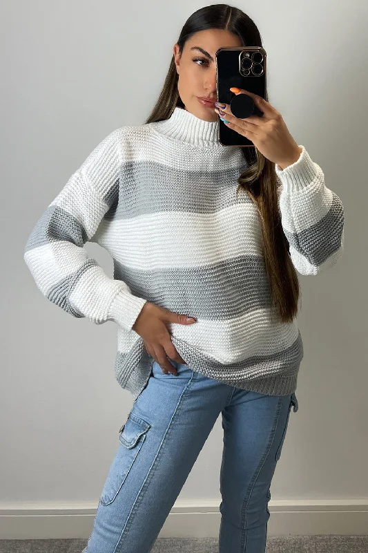 floral print women cardigan for a feminine touchSelina Grey and White Stripe High Neck Knit Jumper floral print women cardigan for a feminine touchSelina Grey and White Stripe High Neck Knit Jumper