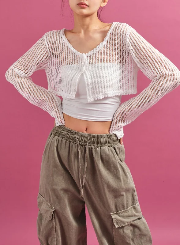 button down women cardigan with vintage buttonsSheer Mesh Crop Cardigan CY17