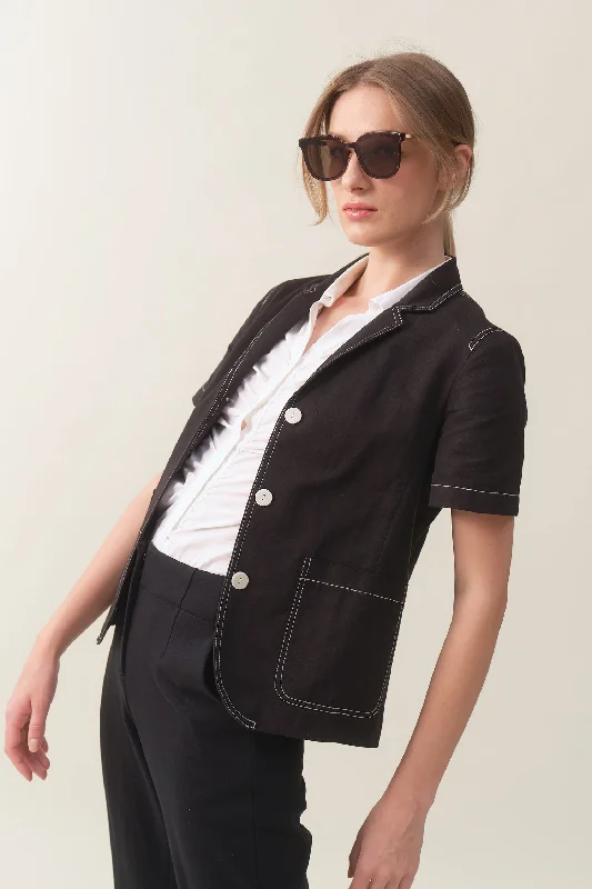 boyfriend style women cardigan for a relaxed fitShort Sleeve Linen Blazer - Black