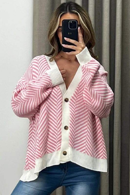 Shyla Pink and White Stripe Button Up Knit Cardigan