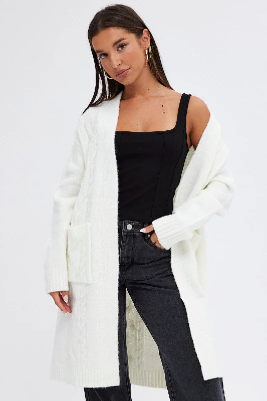 White Longline Cable Knit Cardigan