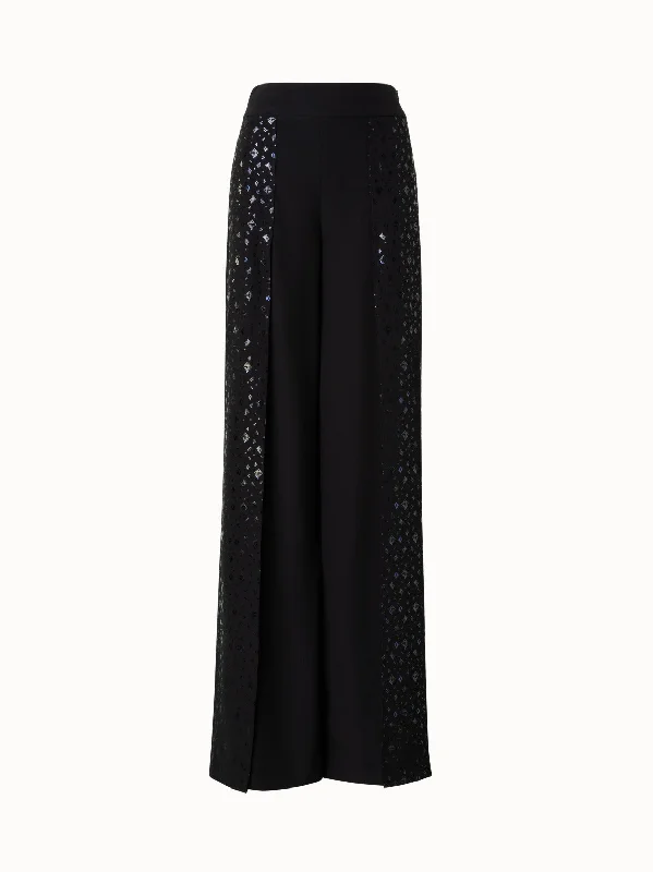 Double-Layer Silk Crêpe Wide Leg Pants with Pixel Foil Embellishment