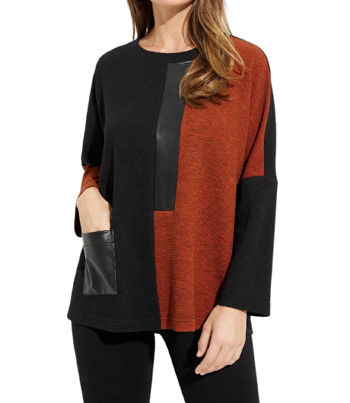 Faux Leather Two Tone Sweater In Black/tandoori