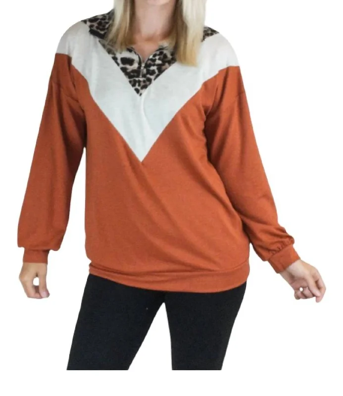 Leopard Color Block Pullover In Orange Multi