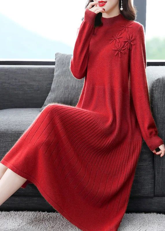 Red Patchwork Sweater Dress Embroideried Turtleneck Fall