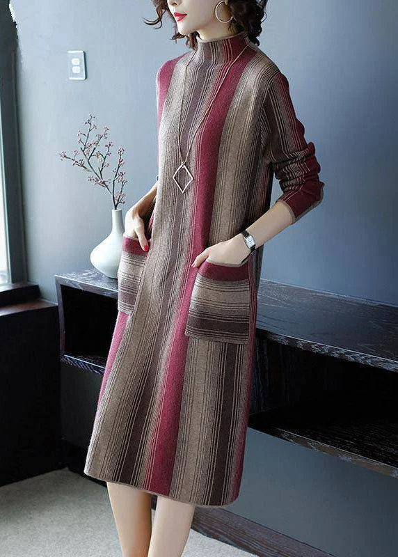 Red Striped Knit Sweater Dress High Neck Pockets Winter