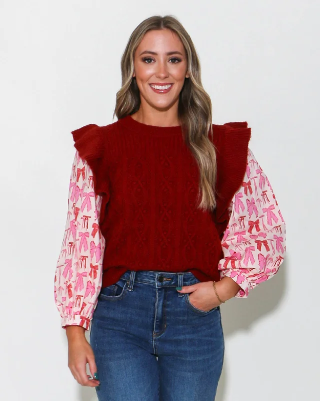 Ruby Sweater With Bow Poplin Puff Sleeves