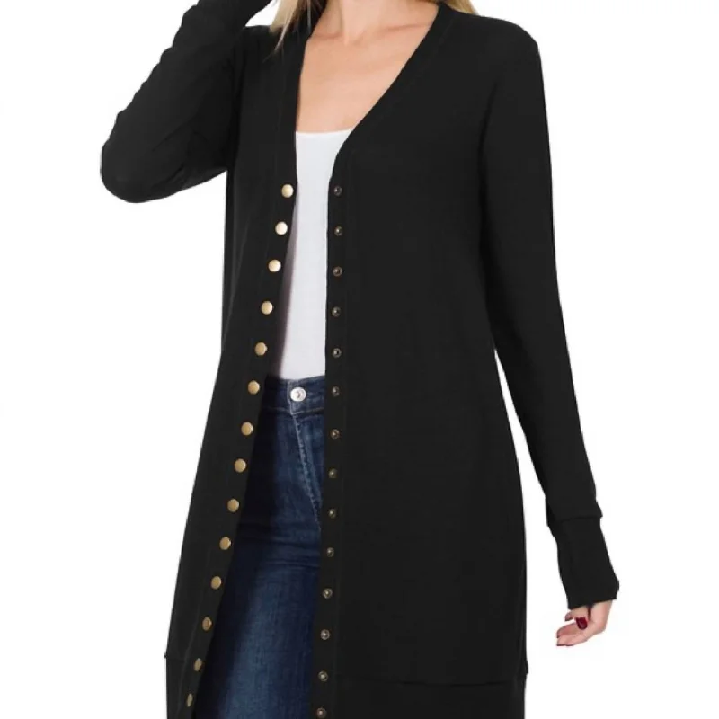 Snap Button Cardigan In Black