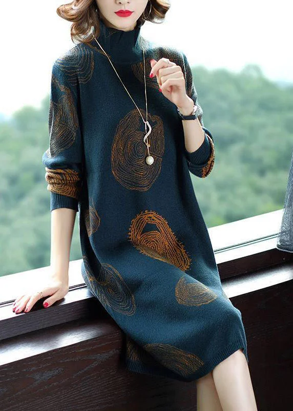 Vintage Blackish Green High Neck Oversized Print Knit Sweater Dress Winter