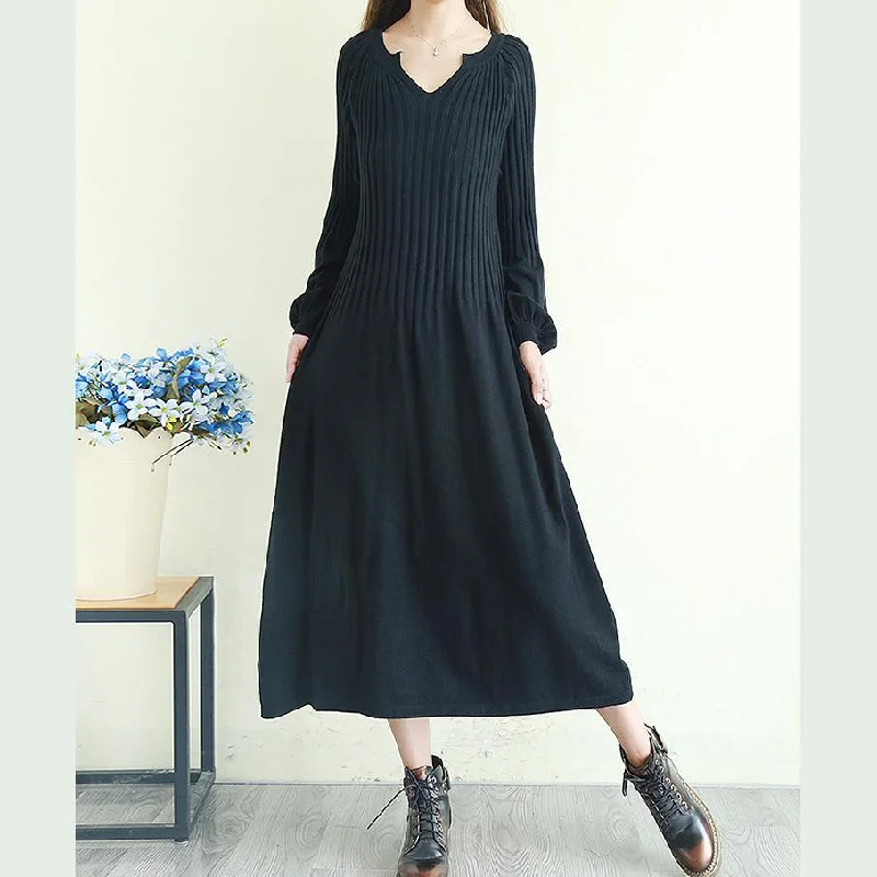 Women lantern sleeve Sweater v neck dress outfit Vintage black Tejidos sweater dresses