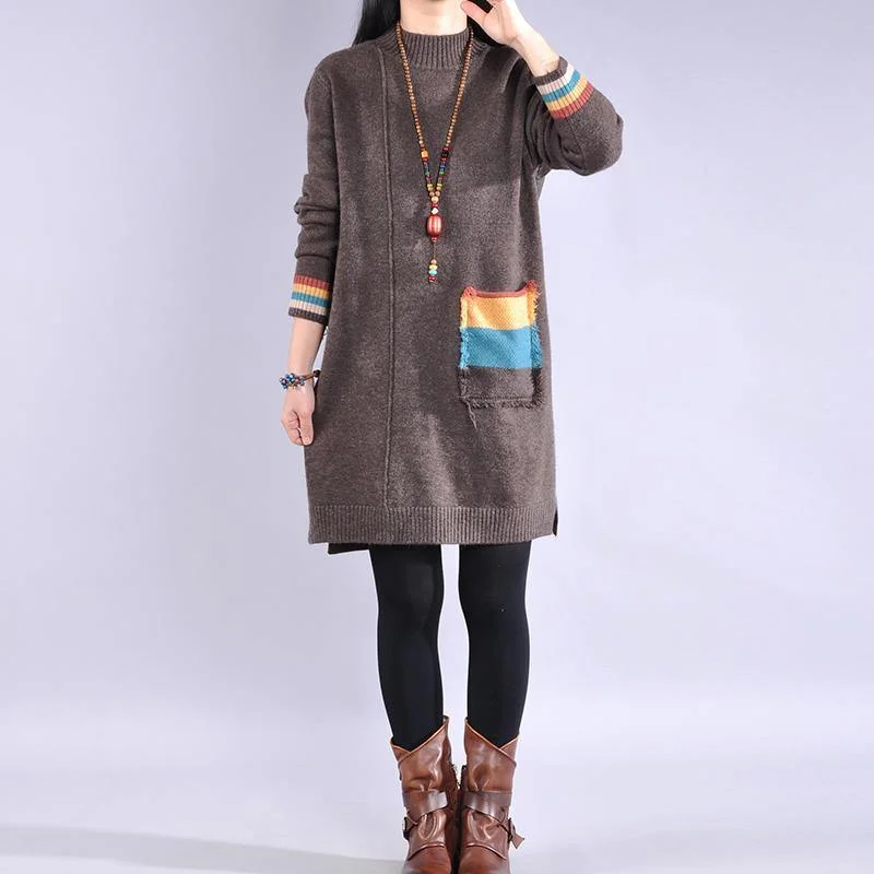 Women side open Sweater patchwork pockets dresses Classy khaki Largo sweater dress