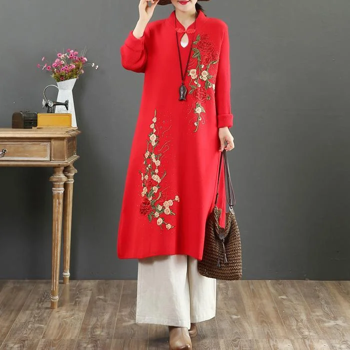 Women stand collar Sweater embroidery dresses DIY red winter Ugly sweater dresses