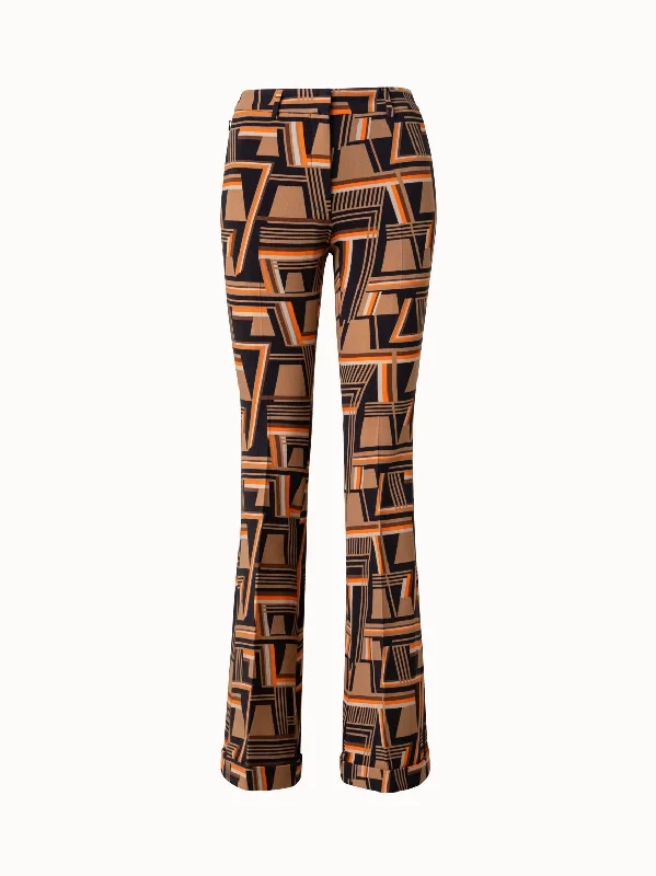 Wool Stretch Crêpe Bootcut Pants with Zig Zag Trapezoid Print