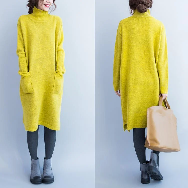 Yellow turtle neck knitted dress long woolen sweater dresses