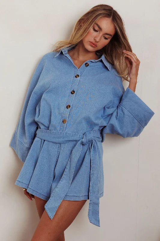 Sleeveless Women Dress in Bright Colors for Summer PartiesDaytona Beach Button-Up Romper Denim Blue Sleeveless Women Dress in Bright Colors for Summer PartiesDaytona Beach Button-Up Romper Denim Blue
