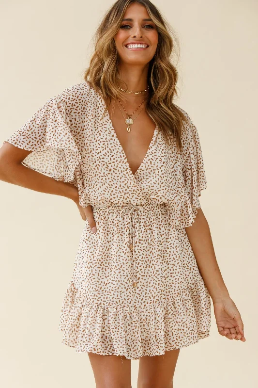 Sheath Women Dress with a Tailored Fit for a Professional LookEsme V-Neckline Drawstring Waist Dress Sprinkle Print Beige Sheath Women Dress with a Tailored Fit for a Professional LookEsme V-Neckline Drawstring Waist Dress Sprinkle Print Beige