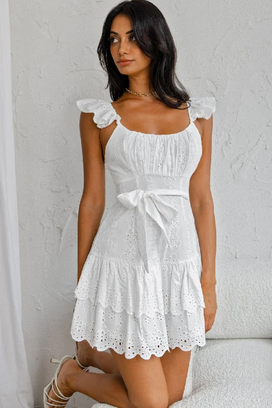 Halter Neck Women Dress to Show Off the Shoulders and NecklineFairytale Ending Ruffle Strap Eyelet Dress White Halter Neck Women Dress to Show Off the Shoulders and NecklineFairytale Ending Ruffle Strap Eyelet Dress White