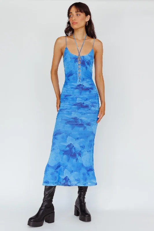 Gypsy Garden Laced Bodice Ruched Midi Dress Blue