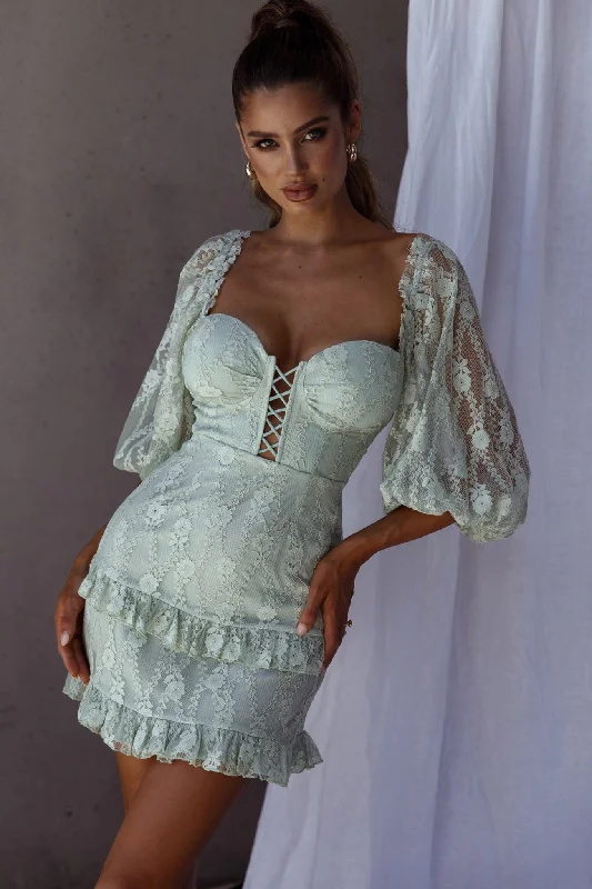 Plus Size Women Dress with a Flattering A - Line Cut for Comfort and StyleHemingway Criss-Cross Bust Balloon Sleeve Frill Trim Lace Dress Sage