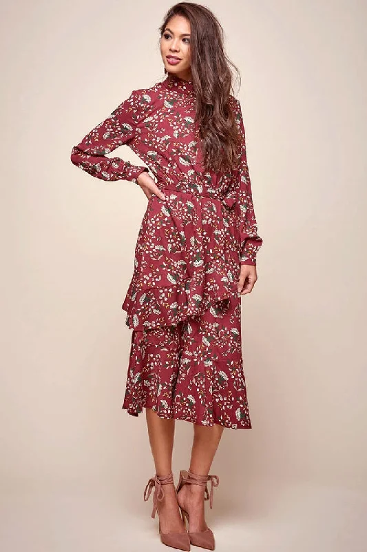 Jackson Waist Tie Bell Sleeve Dress Red Wine