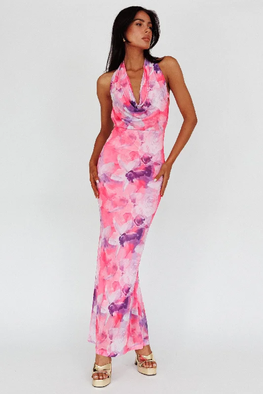 Printed Abstract Women Dress for a Modern and Artistic AppealJanika Halterneck Maxi Dress Floral Pink Printed Abstract Women Dress for a Modern and Artistic AppealJanika Halterneck Maxi Dress Floral Pink