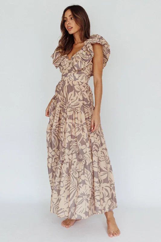 Kahlo Puffed Ruffle Neckline Maxi Dress Print Beige