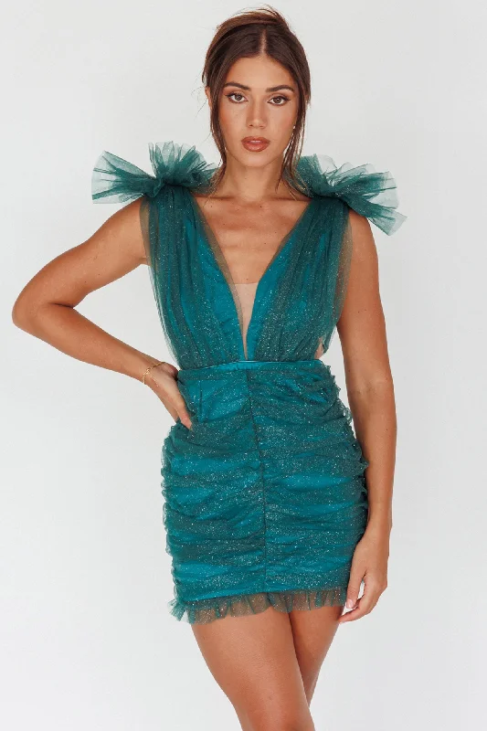Wrap - Style Women Dress with Adjustable Fit for All Body TypesLudivine Shoulder Accent Mesh Mini Dress Glitter Green Wrap - Style Women Dress with Adjustable Fit for All Body TypesLudivine Shoulder Accent Mesh Mini Dress Glitter Green