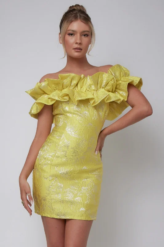 Backless Women Dress for a Sexy and Alluring Look at Evening EventsMemoire Off-Shoulder Jacquard Mini Dress Yellow Backless Women Dress for a Sexy and Alluring Look at Evening EventsMemoire Off-Shoulder Jacquard Mini Dress Yellow