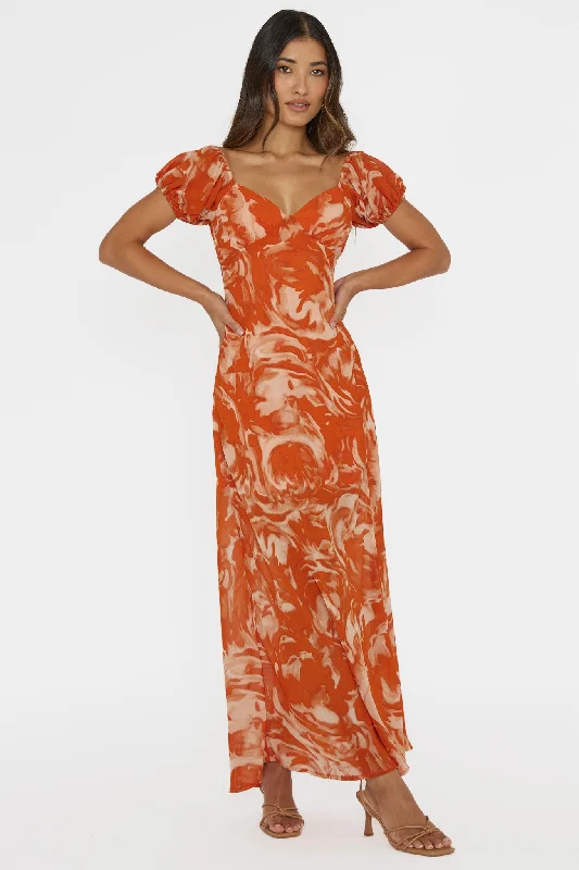 Sheath Women Dress with a Tailored Fit for a Professional LookPark Avenue Puff Sleeve Midi Dress Print Orange Sheath Women Dress with a Tailored Fit for a Professional LookPark Avenue Puff Sleeve Midi Dress Print Orange