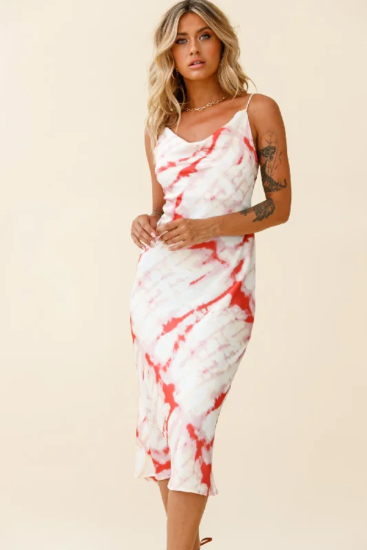 Lace - Embellished Women Dress for an Elegant and Sophisticated AppearanceShow Me Love Cowl Neck Midi Dress Tie-Dye Red Lace - Embellished Women Dress for an Elegant and Sophisticated AppearanceShow Me Love Cowl Neck Midi Dress Tie-Dye Red