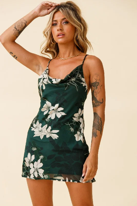 Long - Sleeve Women Dress in Velvet for a Luxurious Winter LookShow Me Love Cowl Neck Mini Dress Flower Print Green Long - Sleeve Women Dress in Velvet for a Luxurious Winter LookShow Me Love Cowl Neck Mini Dress Flower Print Green