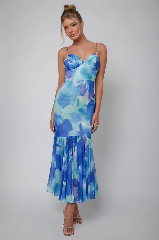 Sunni Low Back Midi Dress Floral Blue