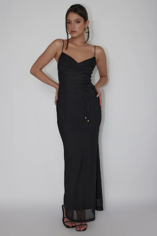 Off - the - Shoulder Women Dress for a Romantic and Feminine LookTeava Laced Waist Maxi Dress Black Off - the - Shoulder Women Dress for a Romantic and Feminine LookTeava Laced Waist Maxi Dress Black