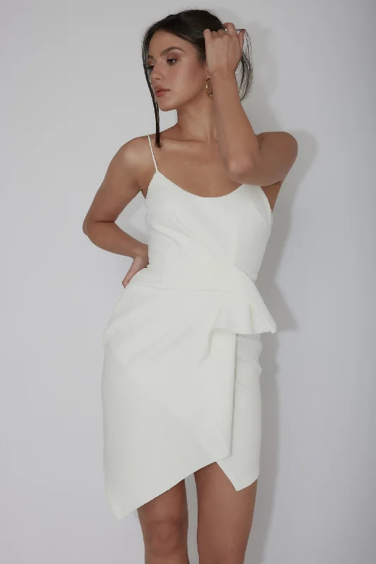 Backless Women Dress for a Sexy and Alluring Look at Evening EventsTesla Cami Strap Sculpted Fabric Dress White Backless Women Dress for a Sexy and Alluring Look at Evening EventsTesla Cami Strap Sculpted Fabric Dress White