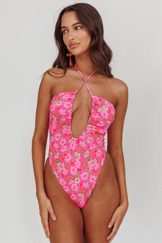 Theia Halterneck One Peice Swimsuit Pink Floral