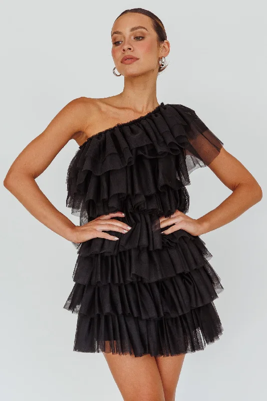 Long - Sleeve Women Dress in Velvet for a Luxurious Winter LookTomi Layered Frill One-Shoulder Mini Dress Black Long - Sleeve Women Dress in Velvet for a Luxurious Winter LookTomi Layered Frill One-Shoulder Mini Dress Black