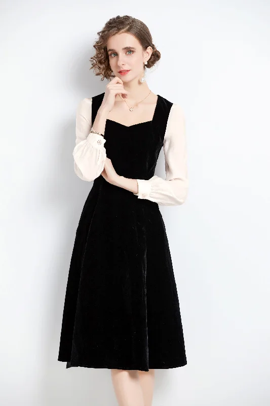 Pleated Women Dress with a Timeless and Elegant Texture Pleated Women Dress with a Timeless and Elegant Texture Black & White Office A-line Sweetheart Neck Long Sleeve Knee Dress Pleated Women Dress with a Timeless and Elegant Texture Pleated Women Dress with a Timeless and Elegant Texture Black & White Office A-line Sweetheart Neck Long Sleeve Knee Dress