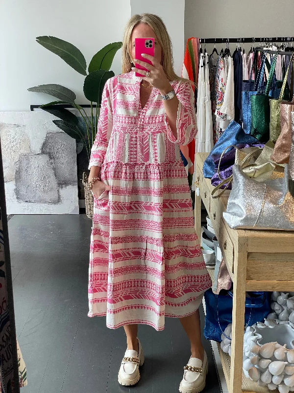 Printed Abstract Women Dress for a Modern and Artistic Appeal Printed Abstract Women Dress for a Modern and Artistic Appeal Copenhagen Mediterranean Midi Dress- pink