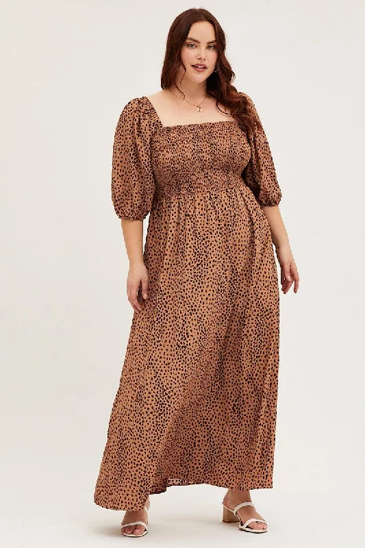 Animal Print Midi Dress Scoop Neck Short Sleeve