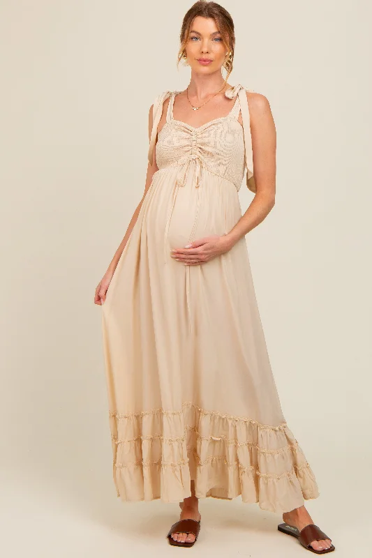 Midi dresses with pleated bodices for a classic and tailored lookBeige Sweetheart Neck Smocked Shoulder Tie Maternity Maxi Dress
