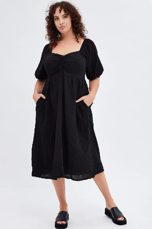 Midi dresses with satin - finish fabrics for a luxurious feelBlack Midi Dress Crushed Cotton Puff Sleeve