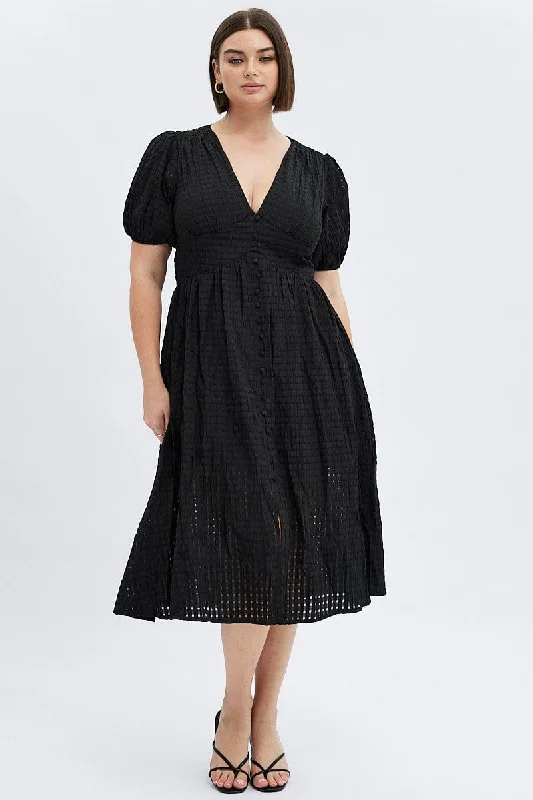 Midi dresses with tassel accents for a bohemian and free - spirited styleBlack Midi Dress Short Puff Sleeve