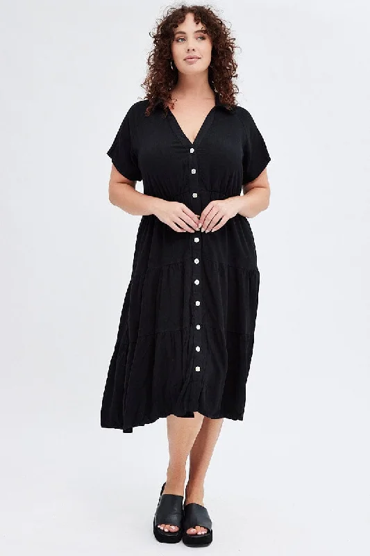 Midi dresses with ruched sleeves for a more fitted and stylish arm lookBlack Shirtdress Midi Button Linen Blend Short Sleeve