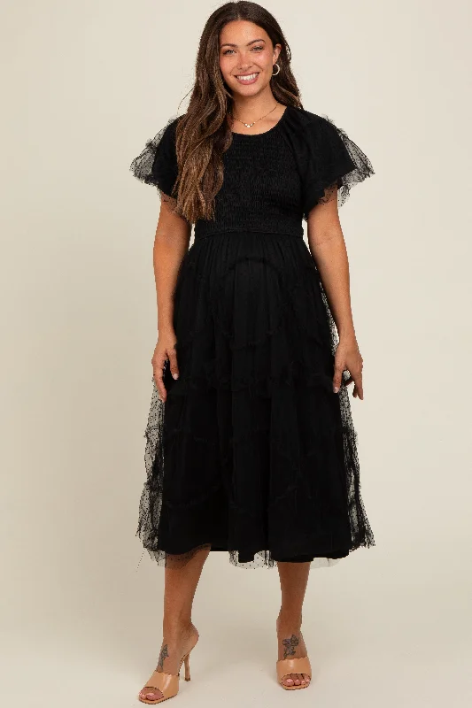 Midi dresses with cold - shoulder cutouts for a trendy styleBlack Smocked Dotted Tulle Overlay Maternity Midi Dress Midi dresses with cold - shoulder cutouts for a trendy styleBlack Smocked Dotted Tulle Overlay Maternity Midi Dress